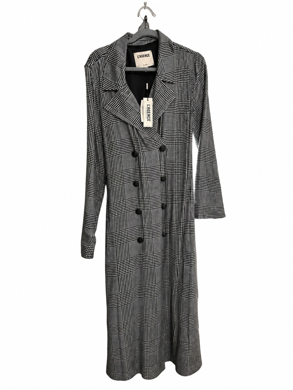 L’AGENCE Moda Houndstooth Plaid Satin Trench Coat Black White NWT Large - Picture 2 of 5
